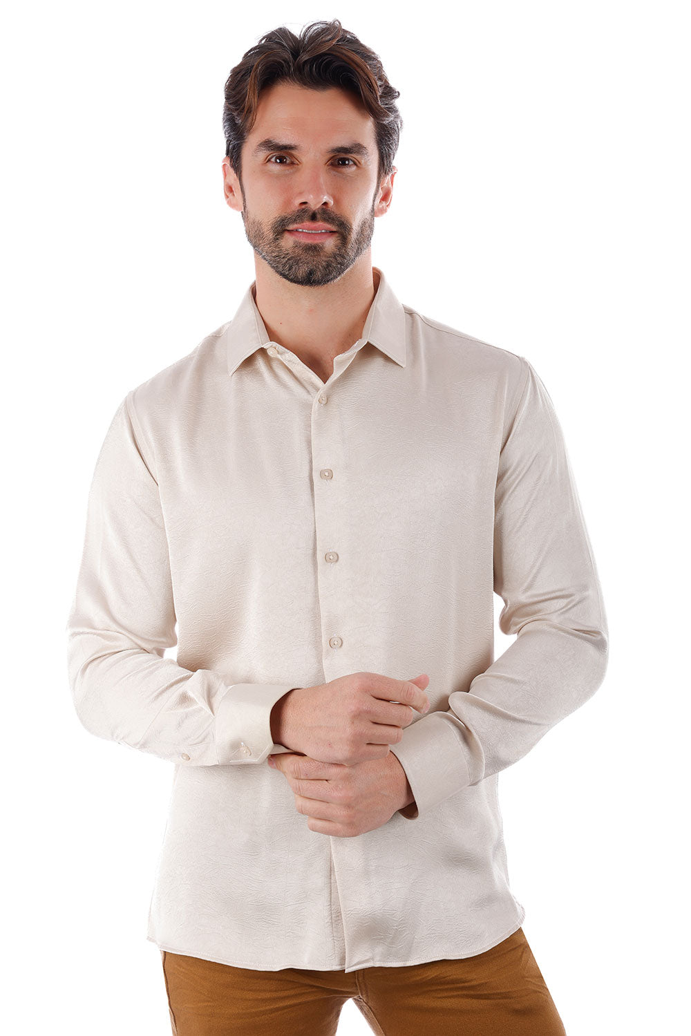 BARABAS Men's Textured Stretch Button Down Long Sleeve Shirt 4B34 Beige