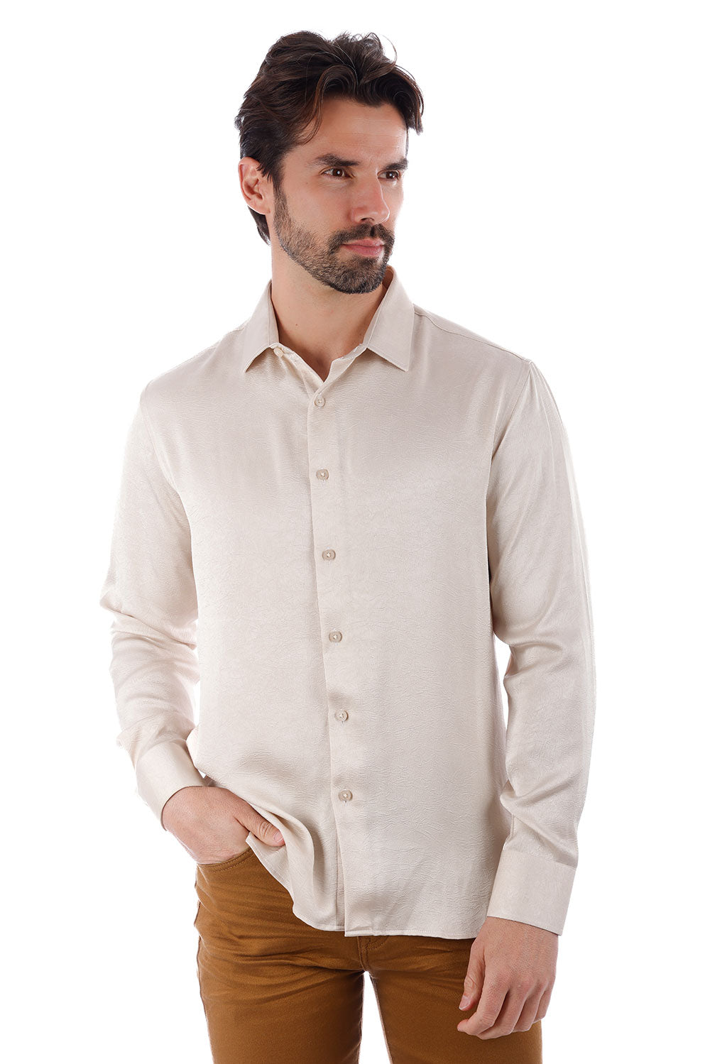 BARABAS Men's Textured Stretch Button Down Long Sleeve Shirt 4B34 Beige