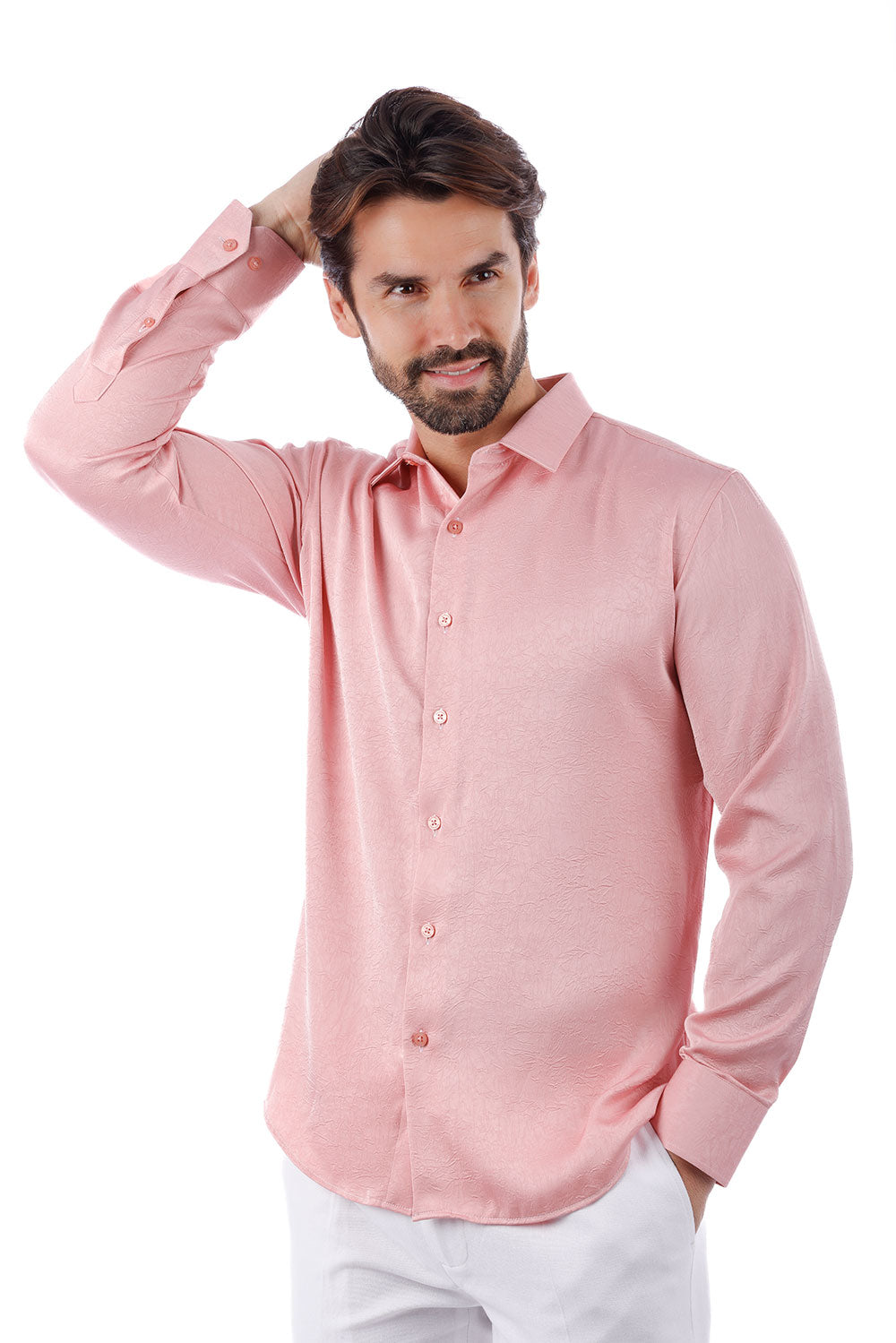 BARABAS Men's Textured Stretch Button Down Long Sleeve Shirt 4B34 Pink