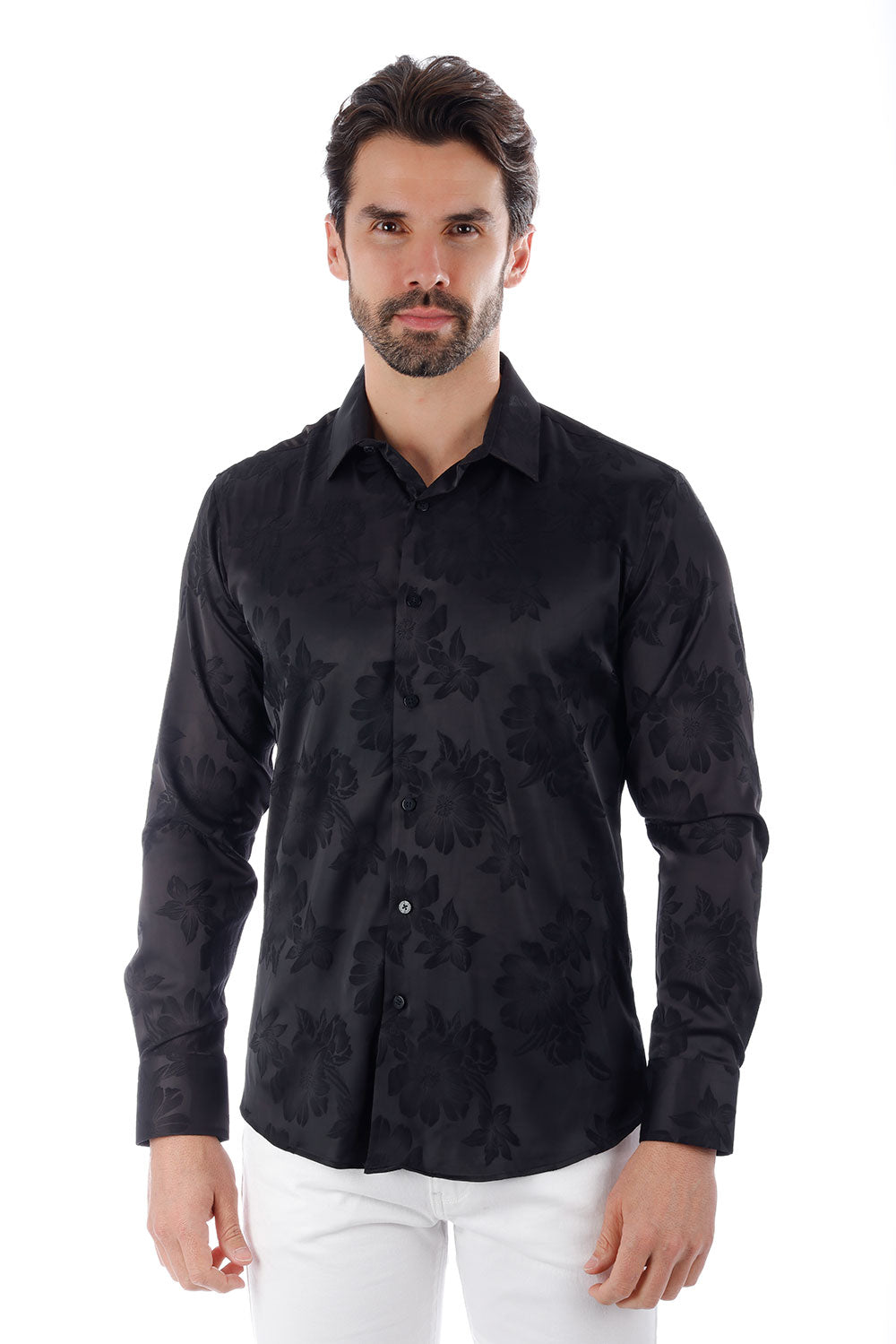 BARABAS Men's Floral Stretch Button Down Long Sleeve Shirt 4B36 Black