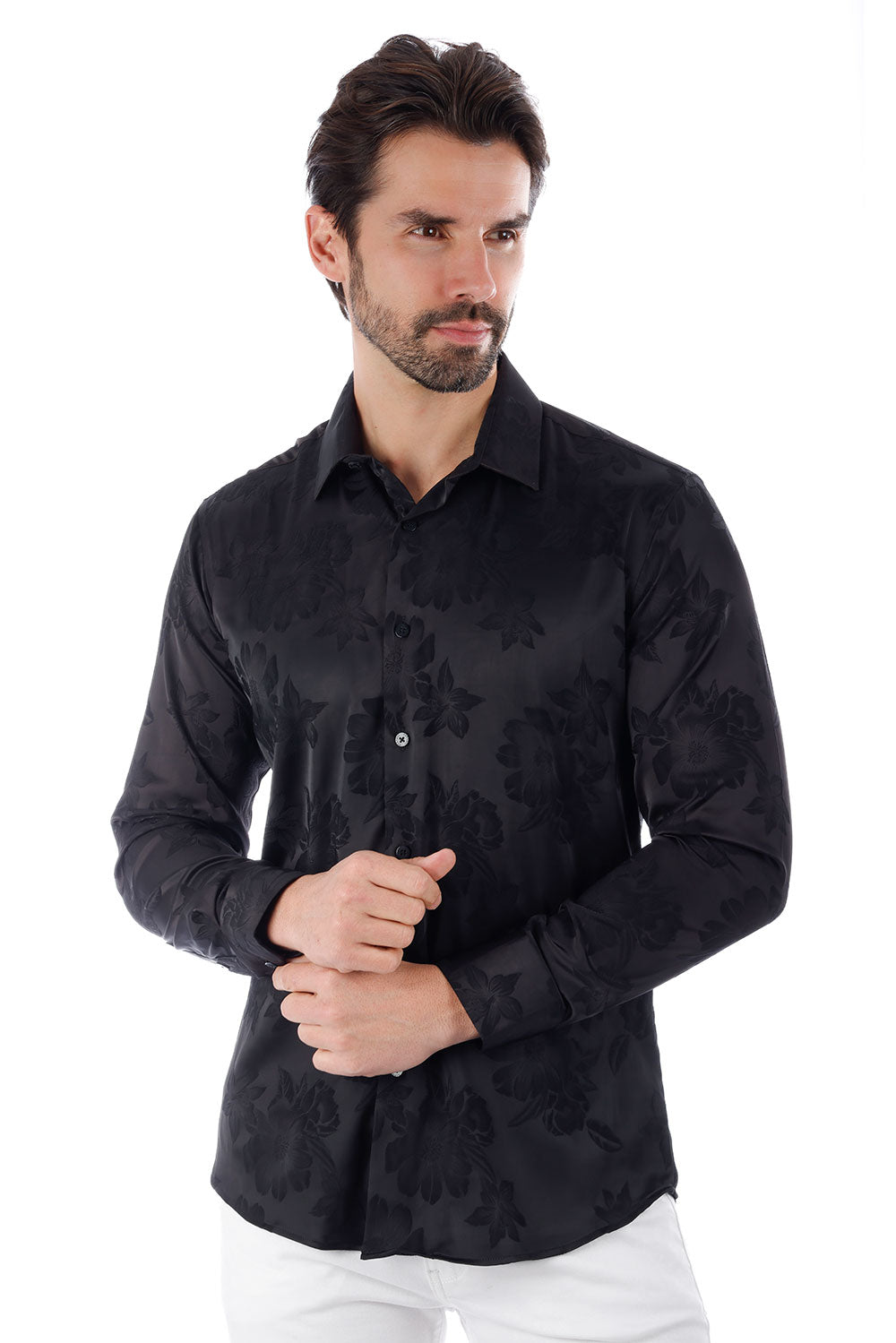 BARABAS Men's Floral Stretch Button Down Long Sleeve Shirt 4B36 Black