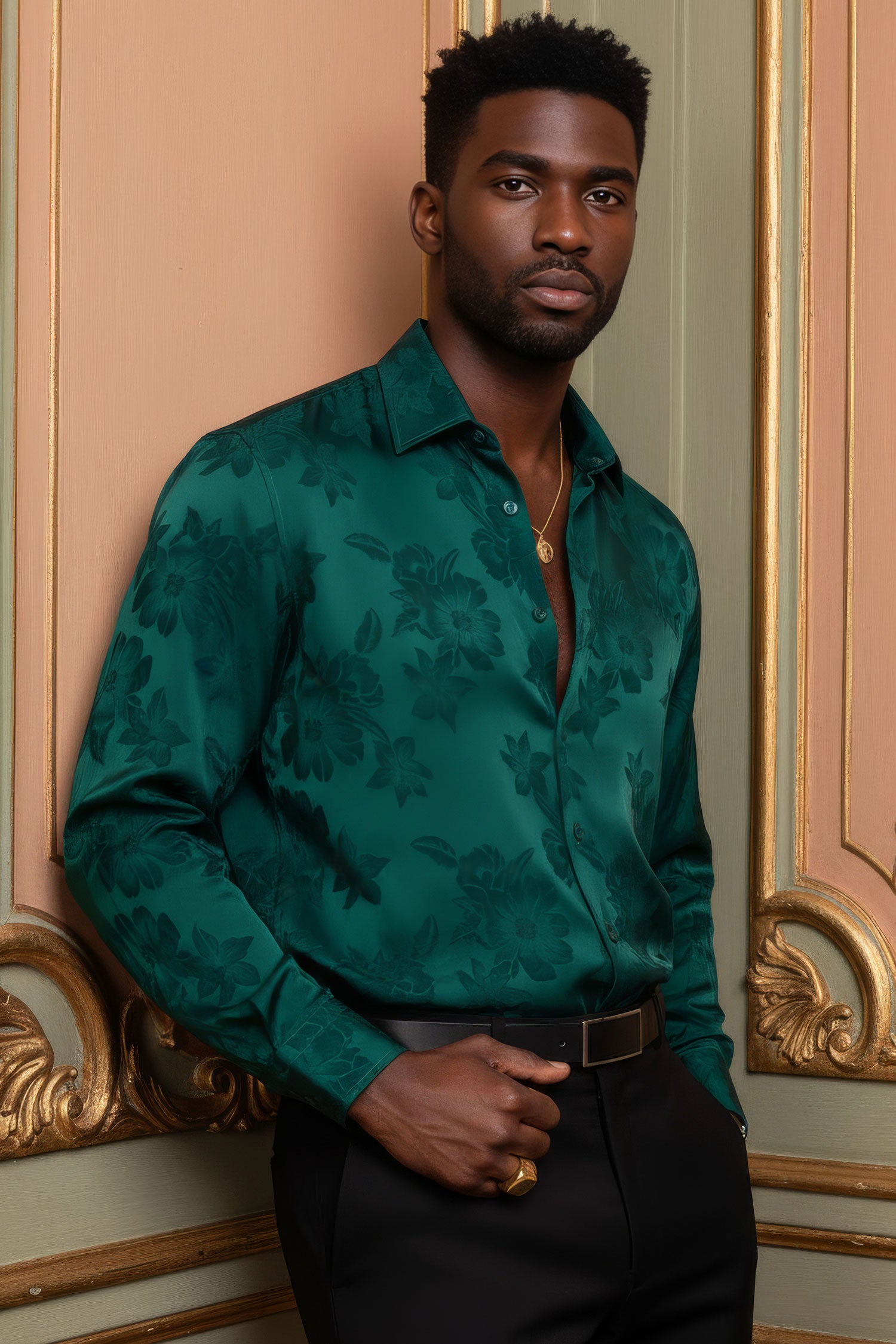 BARABAS Men's Floral Stretch Button Down Long Sleeve Shirt 4B36 Green