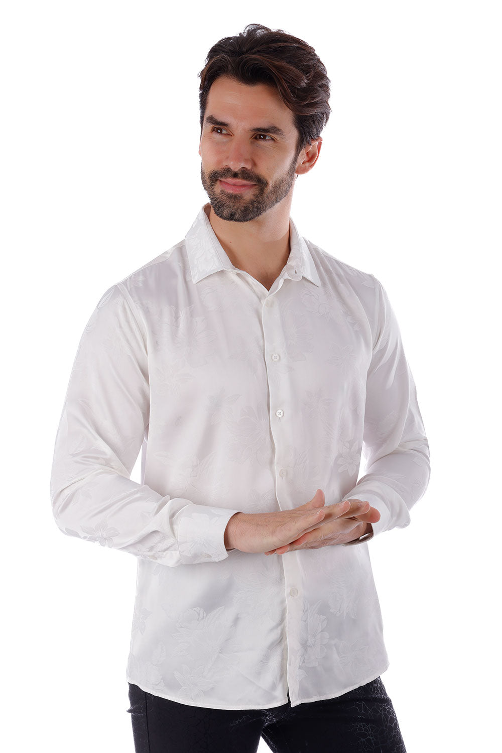 BARABAS Men's Floral Stretch Button Down Long Sleeve Shirt 4B36 White