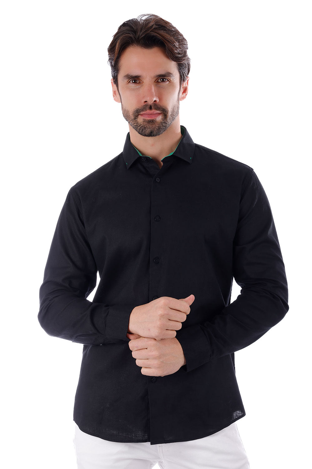 BARABAS Men's Linen Lightweight Button Down Long Sleeve Shirt 4B37 Black