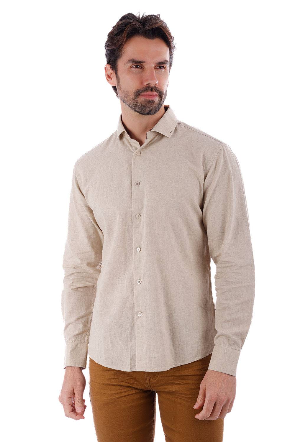 BARABAS Men's Linen Lightweight Button Down Long Sleeve Shirt 4B37 Khaki