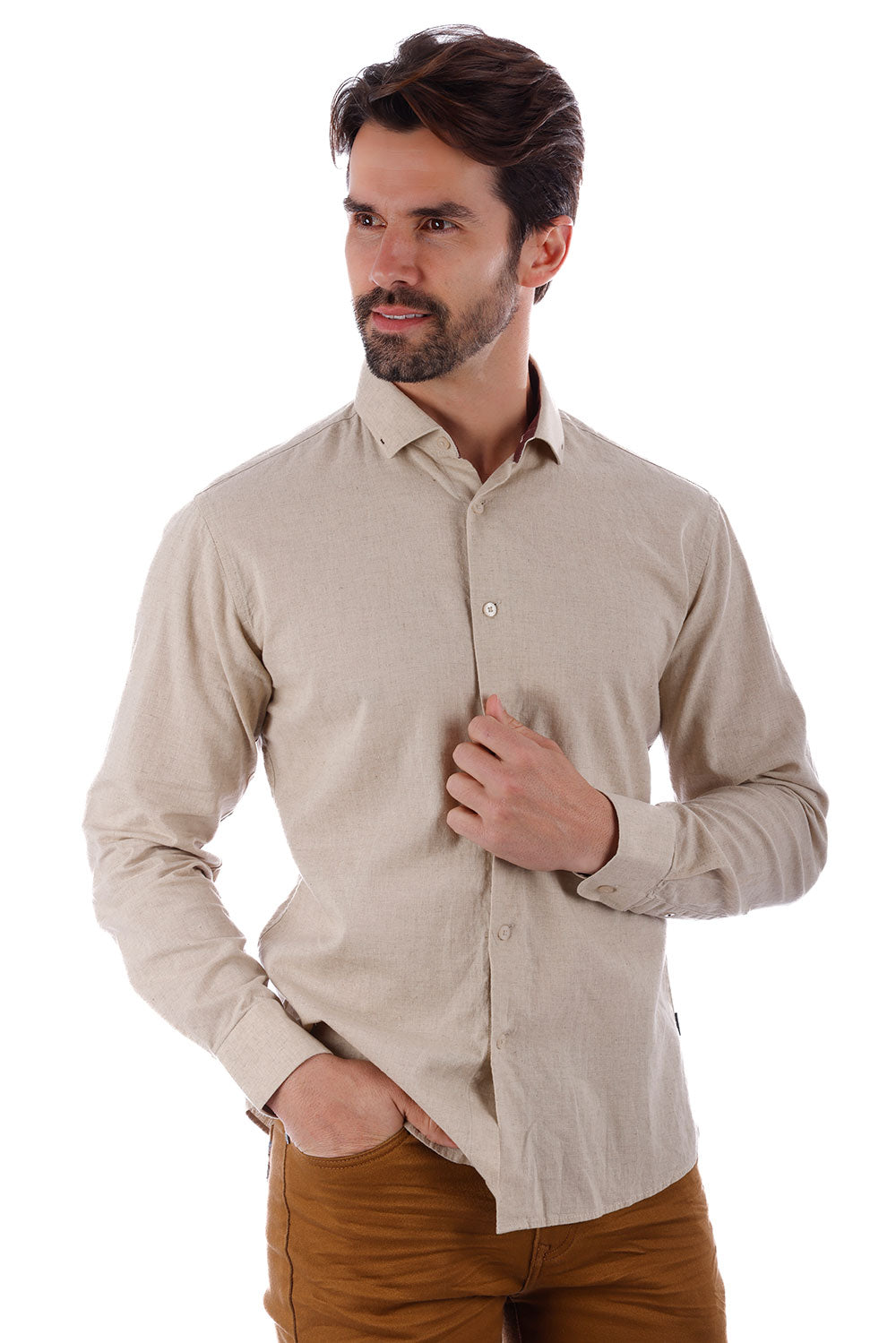 BARABAS Men's Linen Lightweight Button Down Long Sleeve Shirt 4B37 Khaki