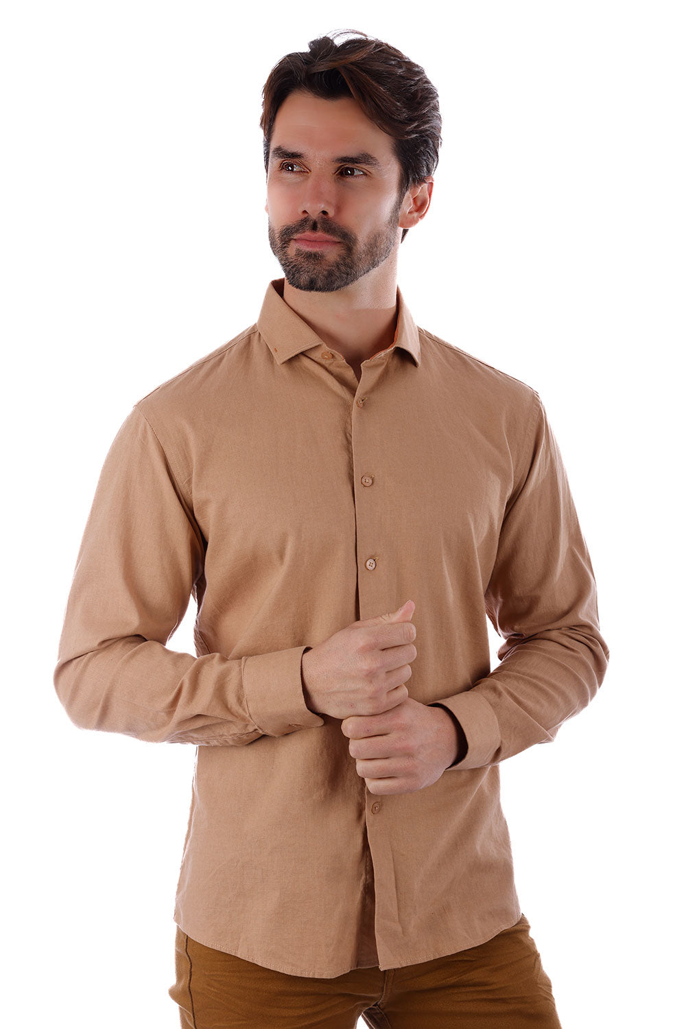 BARABAS Men's Linen Lightweight Button Down Long Sleeve Shirt 4B37 Mocha