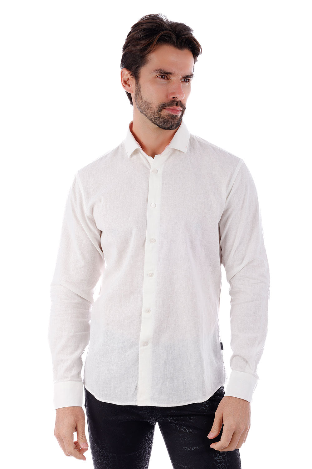 BARABAS Men's Linen Lightweight Button Down Long Sleeve Shirt 4B37 White