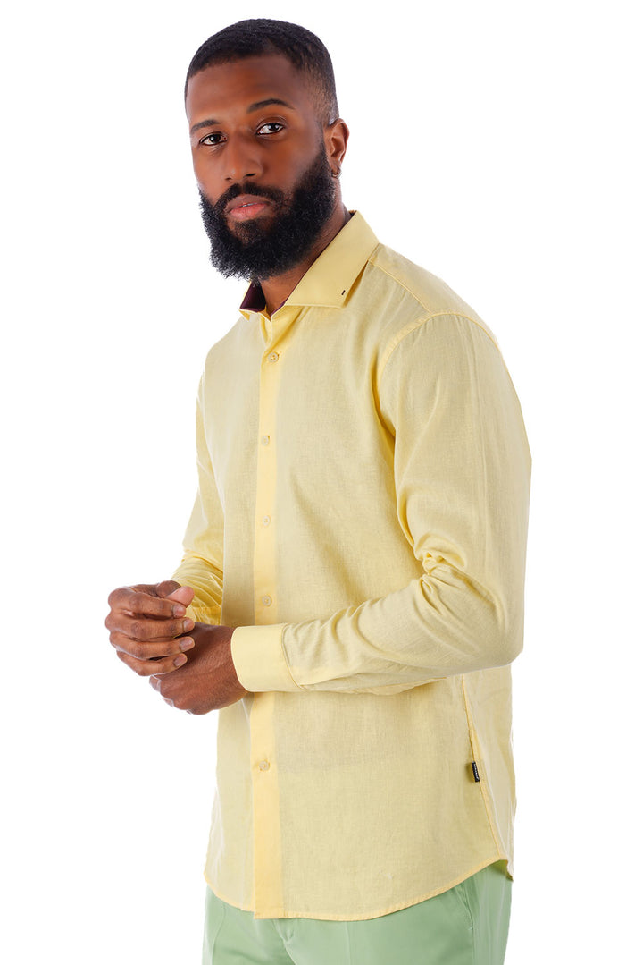 BARABAS Men's Linen Lightweight Button Down Long Sleeve Shirt 4B37 Yellow