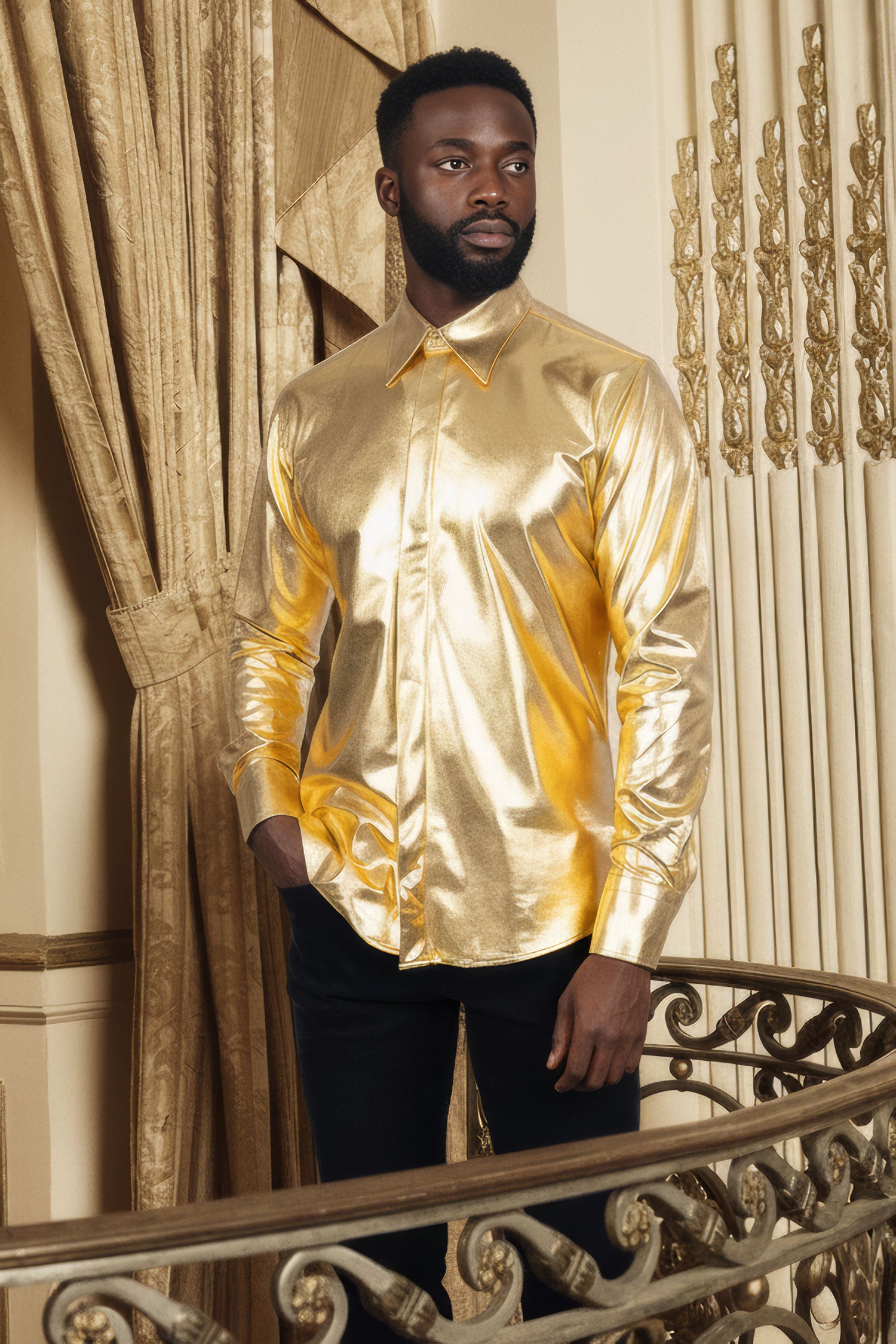 BARABAS Men's Metallic Button Down Long Sleeve Shiny Shirt 4B38 Gold