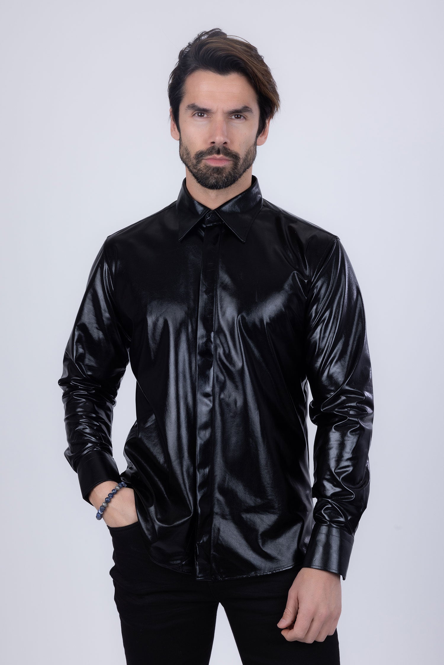 BARABAS Men's Metallic Button Down Long Sleeve Shiny Shirt 4B38 Black