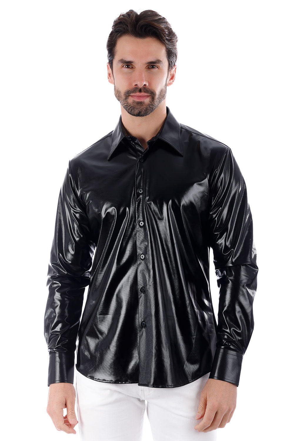 BARABAS Men's Metallic Button Down Long Sleeve Shiny Shirt 4B38 Black