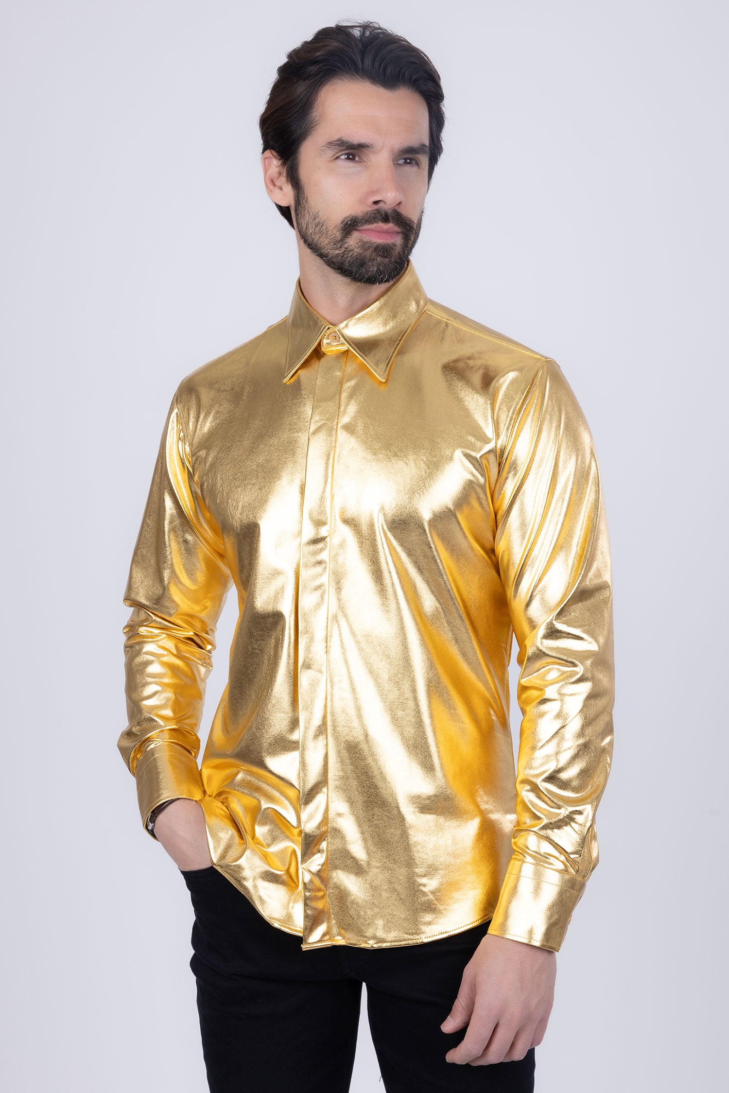 BARABAS Men's Metallic Button Down Long Sleeve Shiny Shirt 4B38 Gold