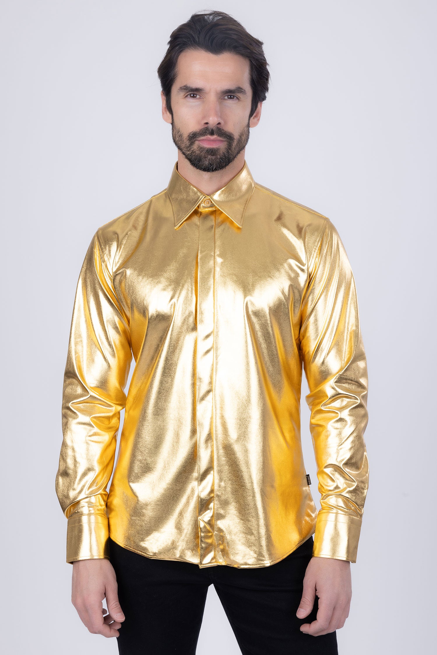 BARABAS Men's Metallic Button Down Long Sleeve Shiny Shirt 4B38 Gold