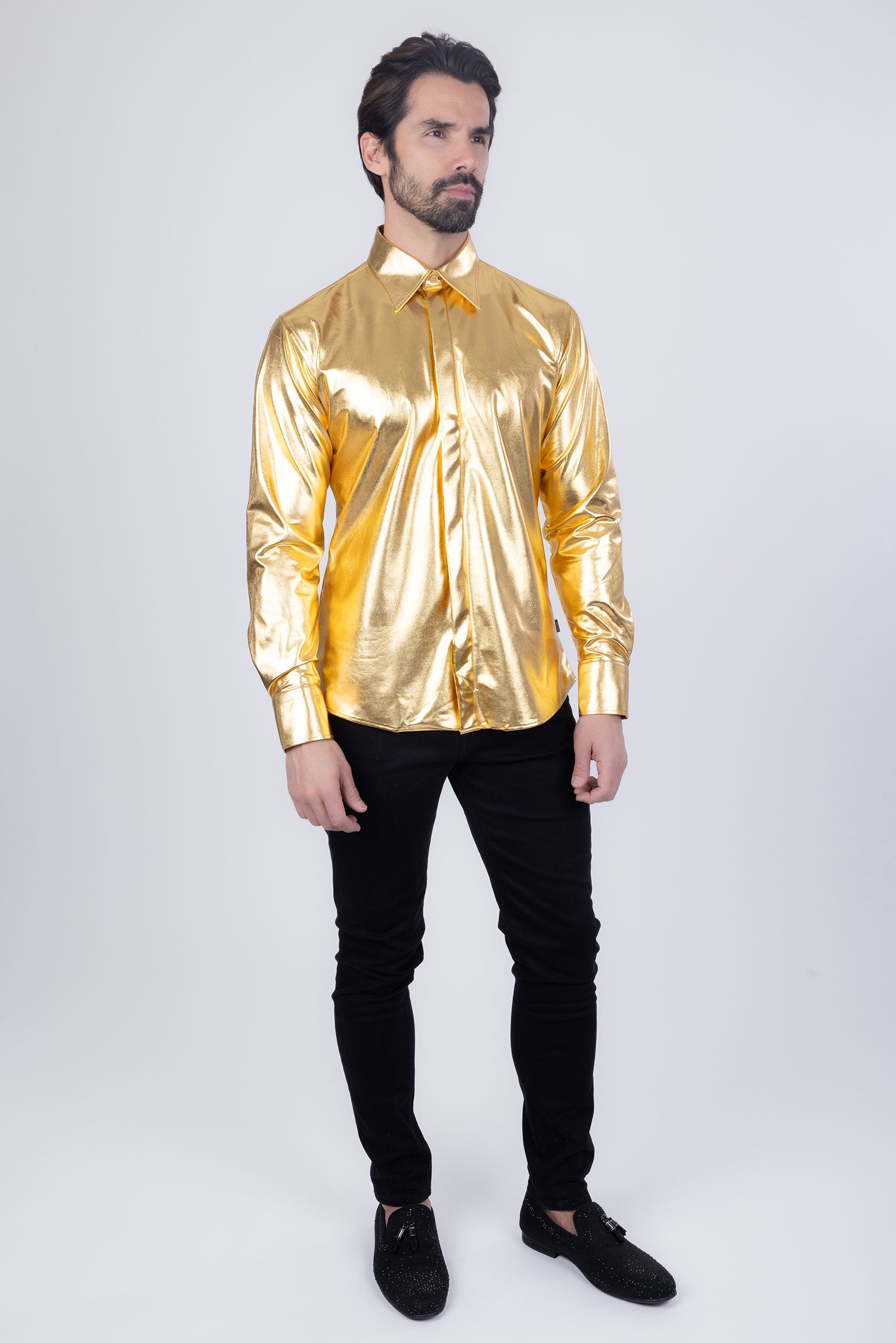 BARABAS Men's Metallic Button Down Long Sleeve Shiny Shirt 4B38 Gold