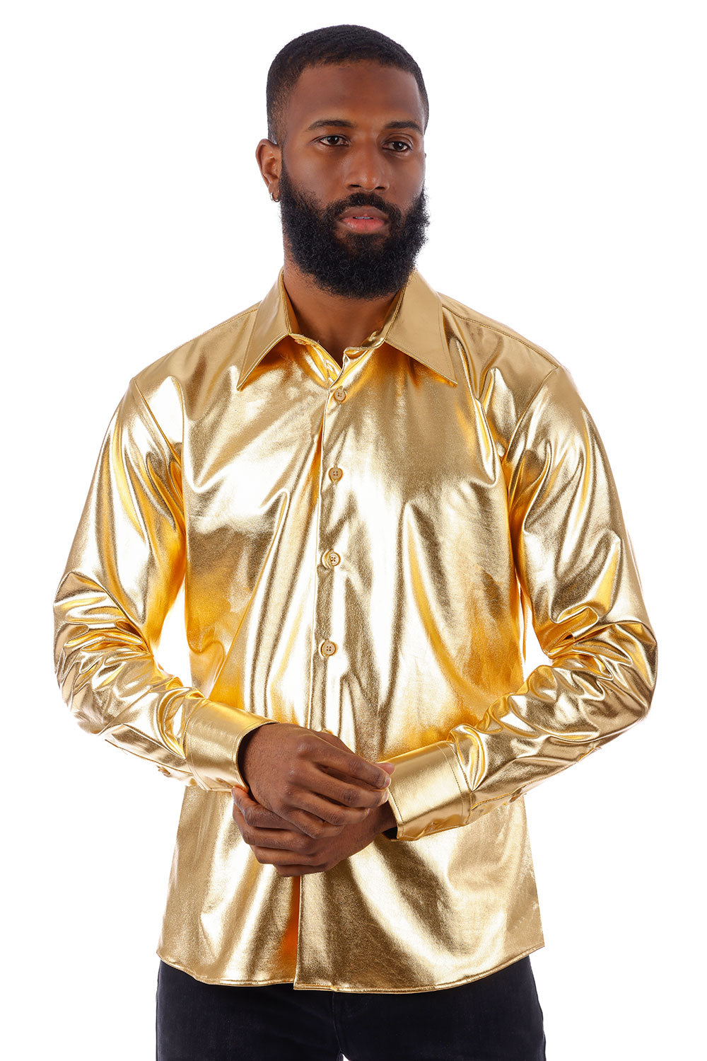 BARABAS Men's Metallic Button Down Long Sleeve Shiny Shirt 4B38 Gold