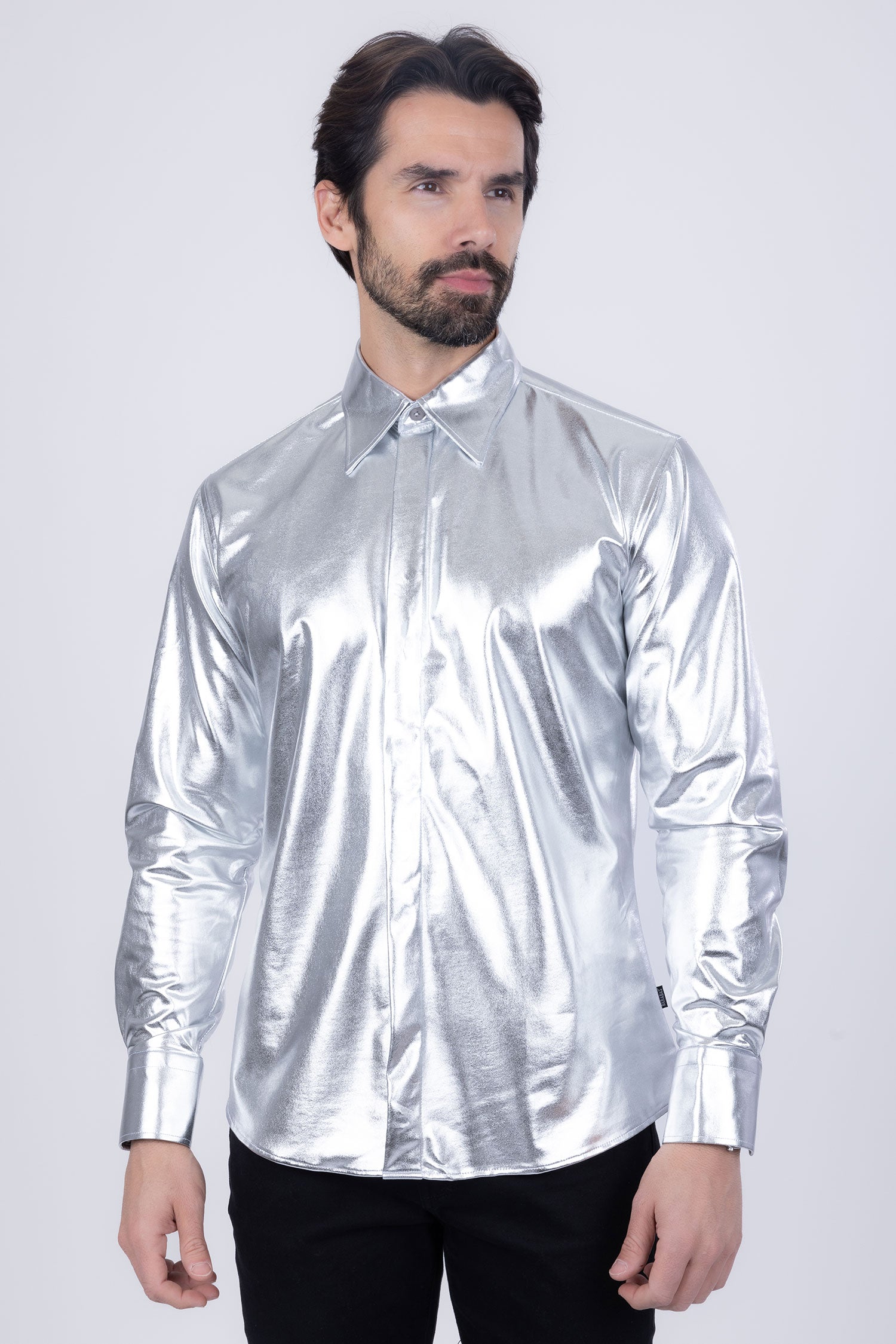 BARABAS Men's Metallic Button Down Long Sleeve Shiny Shirt 4B38 Silver