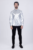 BARABAS Men's Metallic Button Down Long Sleeve Shiny Shirt 4B38 #Color_Silver