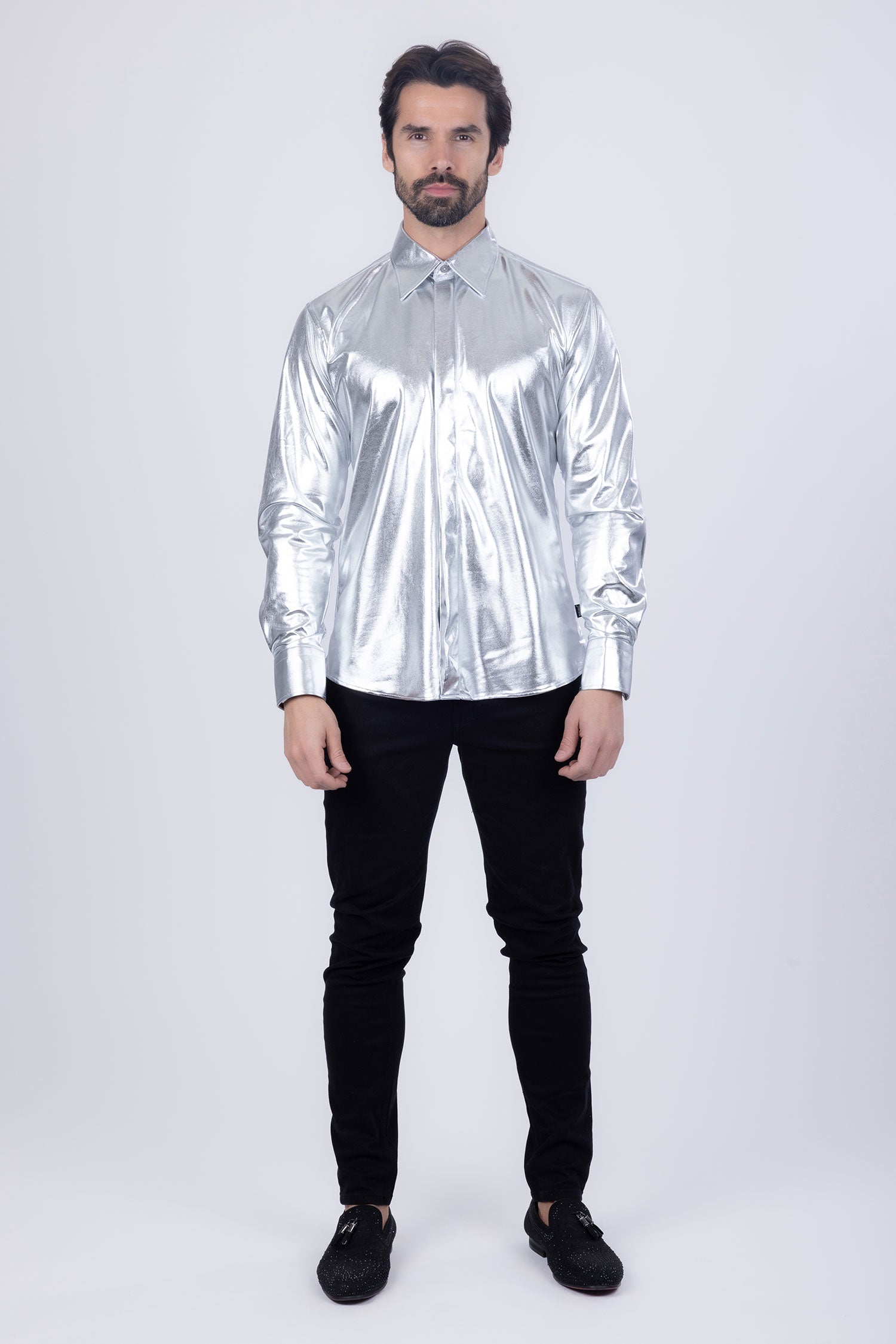 BARABAS Men's Metallic Button Down Long Sleeve Shiny Shirt 4B38 Silver