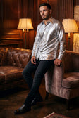 BARABAS Men's Metallic Button Down Long Sleeve Shiny Shirt 4B38 #Color_Silver