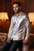 BARABAS Men's Metallic Button Down Long Sleeve Shiny Shirt 4B38 #Color_Silver