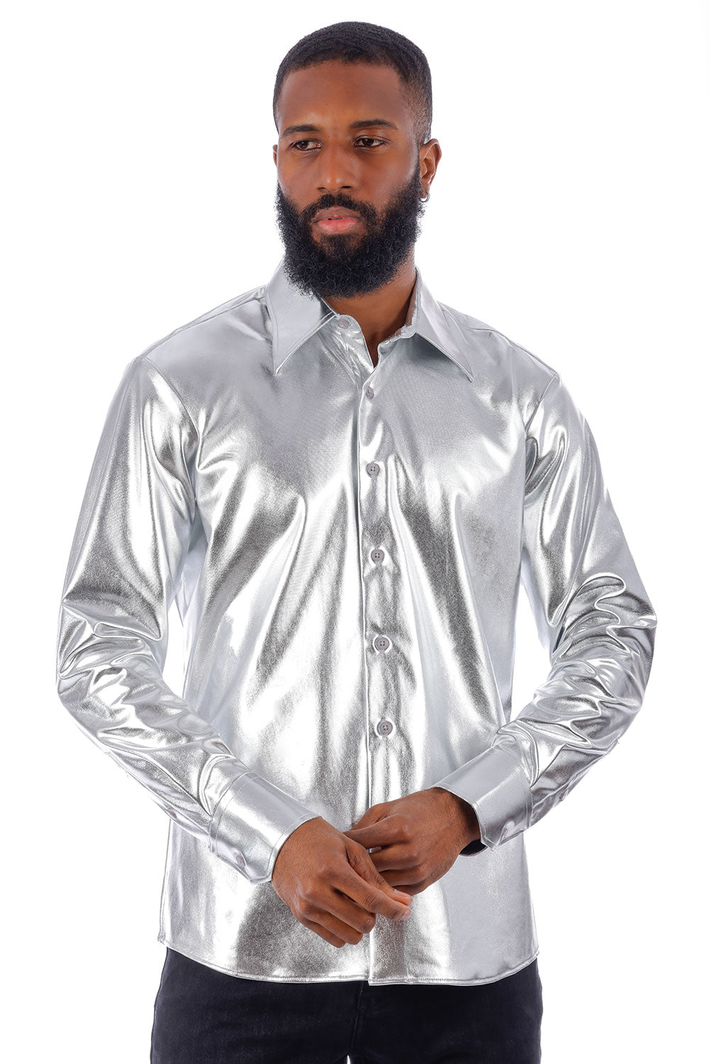 BARABAS Men's Metallic Button Down Long Sleeve Shiny Shirt 4B38 Silver