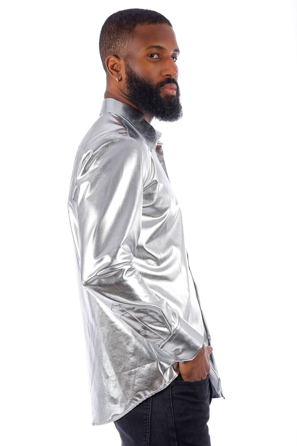 BARABAS Men's Metallic Button Down Long Sleeve Shiny Shirt 4B38 Silver