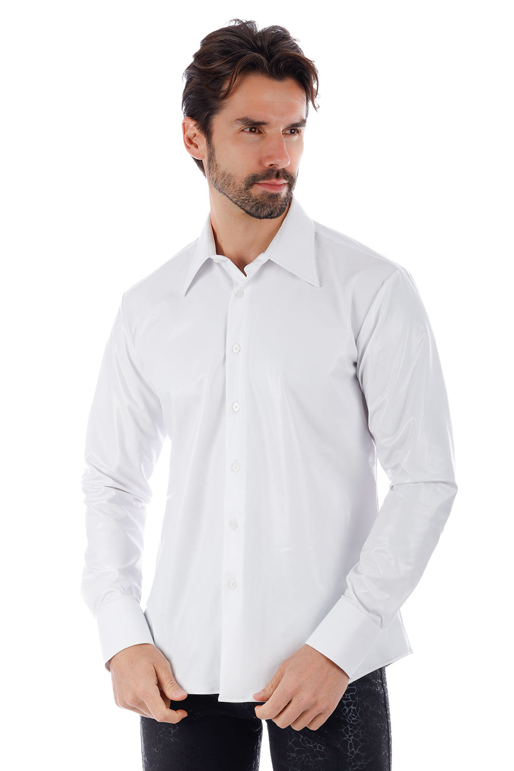 BARABAS Men's Metallic Button Down Long Sleeve Shiny Shirt 4B38 White