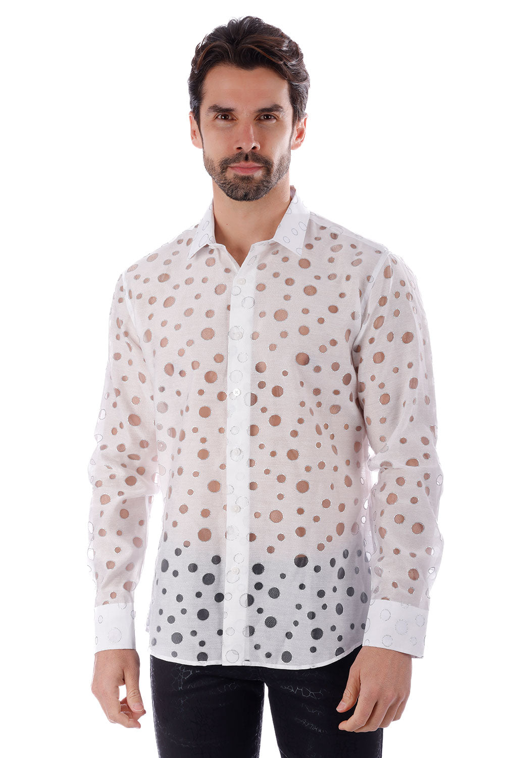 BARABAS Men's See Thru Circular Button Down Long Sleeve Shirt 4B39