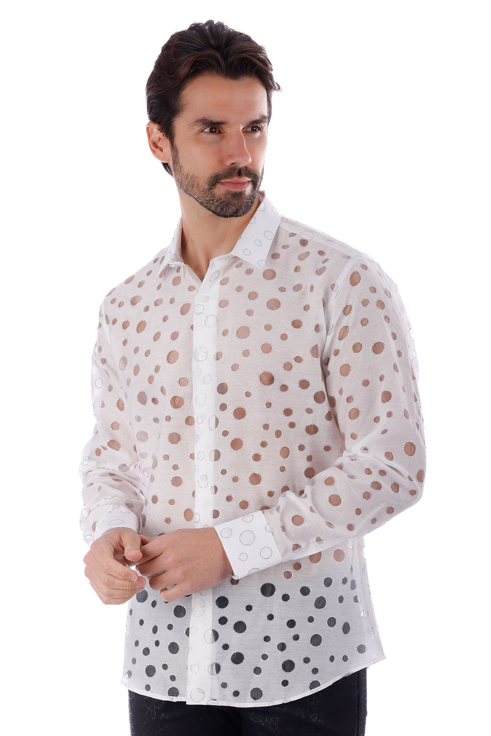 BARABAS Men's See Thru Circular Button Down Long Sleeve Shirt 4B39