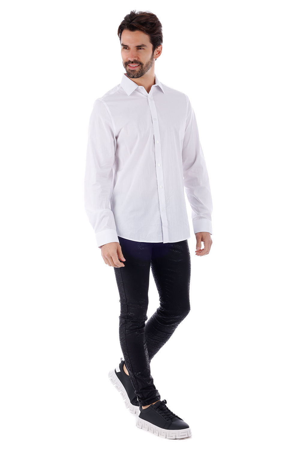 BARABAS Men's Solid Color Button Down Long Sleeve Shirt 4B410 White