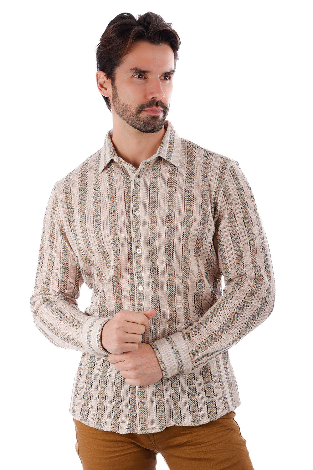 BARABAS Men's Knitted Fabric Button Down Long Sleeve Shirt 4B42 Beige