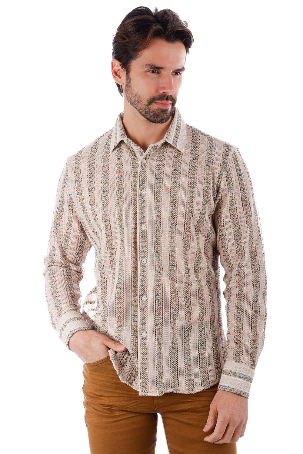 BARABAS Men's Knitted Fabric Button Down Long Sleeve Shirt 4B42 Beige