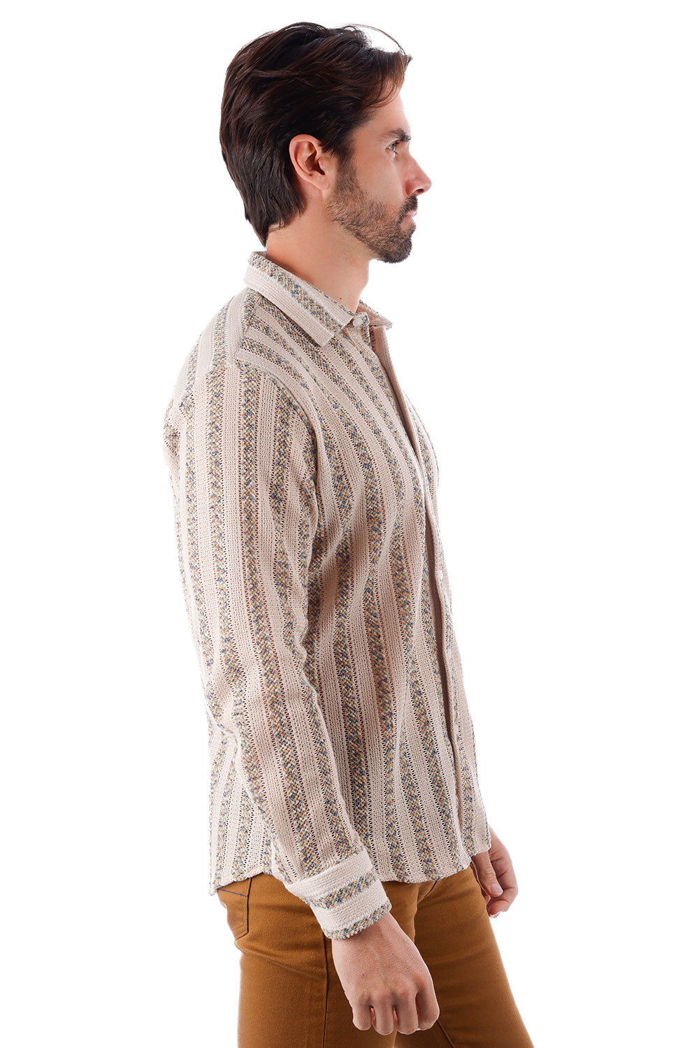 BARABAS Men's Knitted Fabric Button Down Long Sleeve Shirt 4B42 Beige