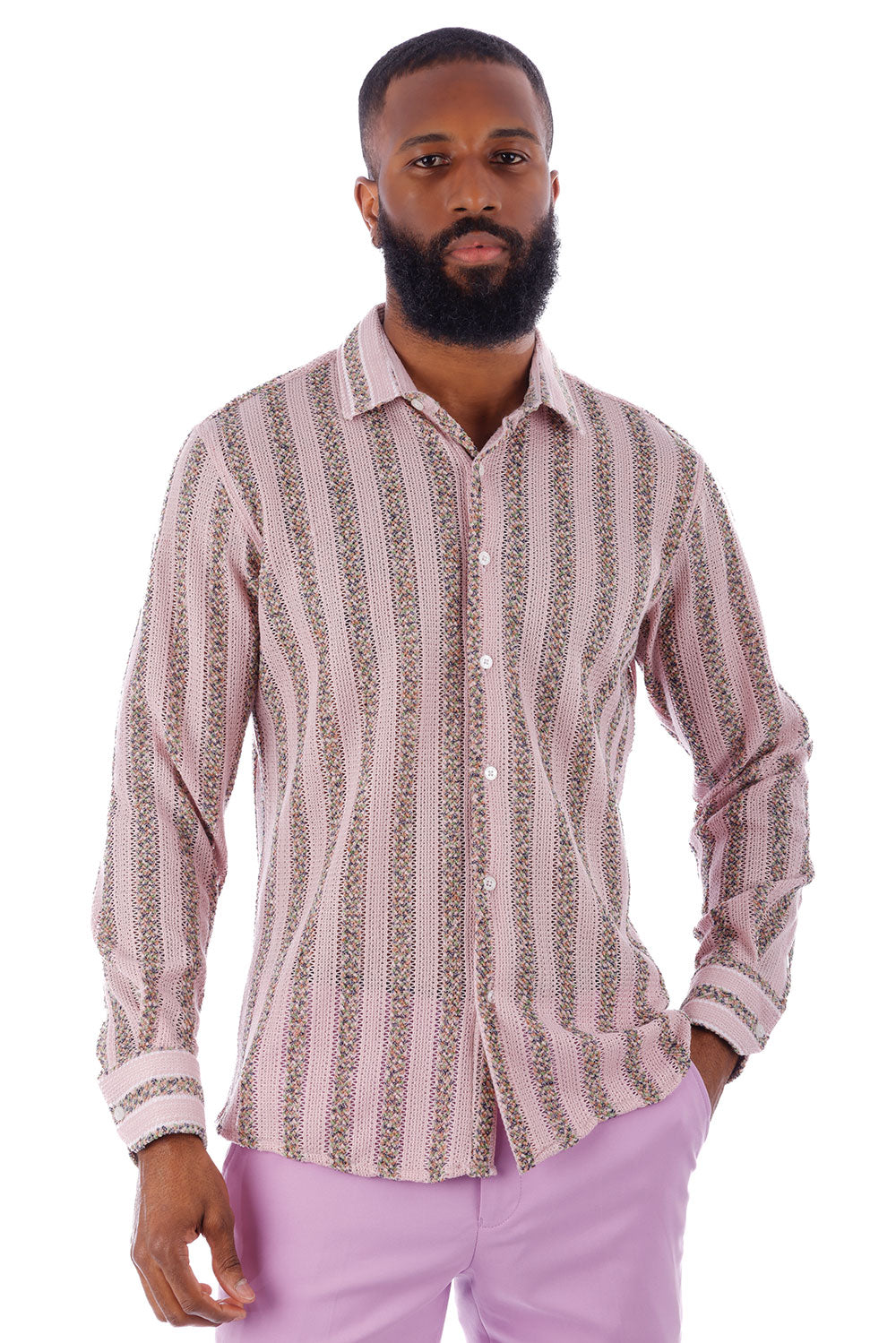 BARABAS Men's Knitted Fabric Button Down Long Sleeve Shirt 4B42 Pink