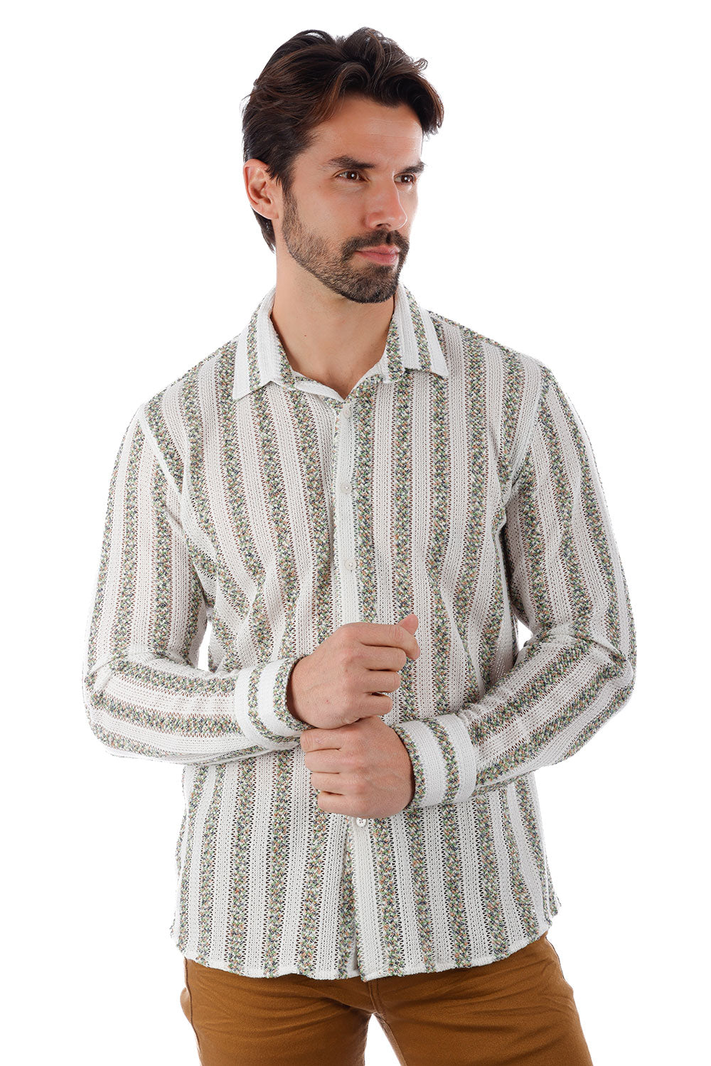 BARABAS Men's Knitted Fabric Button Down Long Sleeve Shirt 4B42 White Green