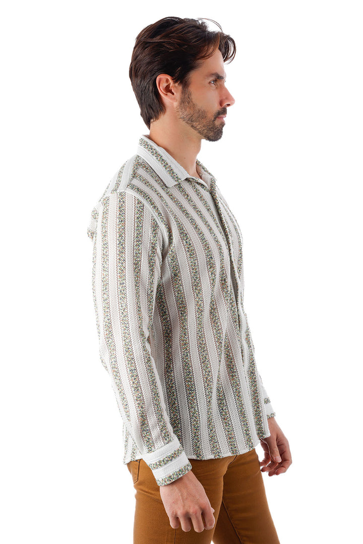 BARABAS Men's Knitted Fabric Button Down Long Sleeve Shirt 4B42 Green