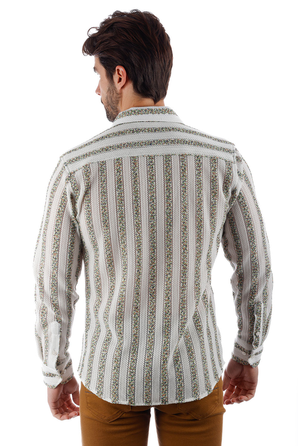 BARABAS Men's Knitted Fabric Button Down Long Sleeve Shirt 4B42 White Green