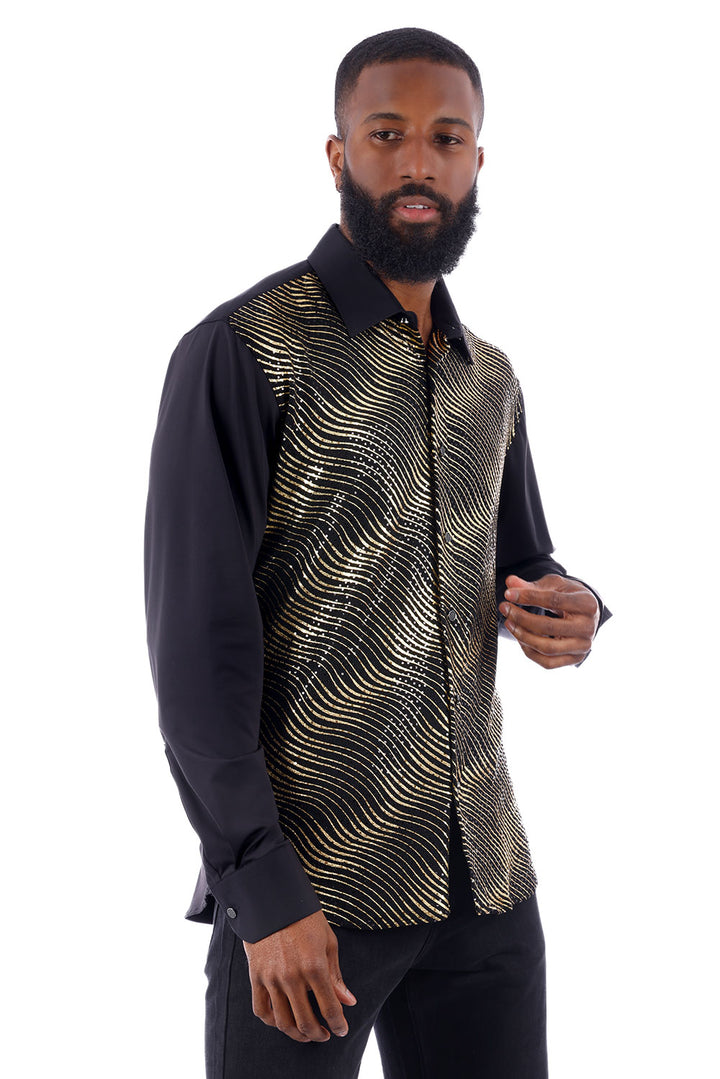 BARABAS Men's Polka Dot Linear Geometric Long Sleeve Shirt 4B43 Gold