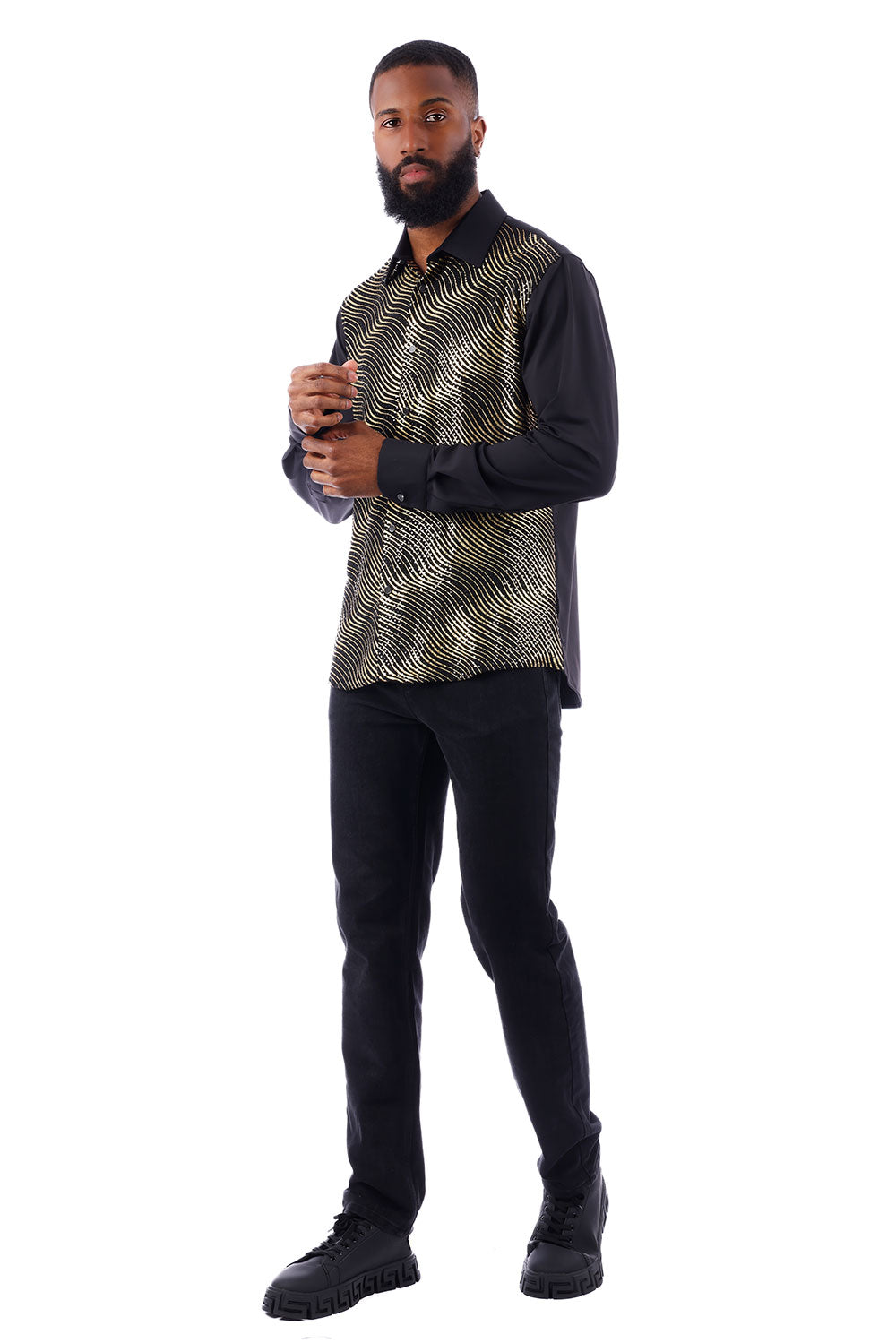 BARABAS Men's Polka Dot Linear Geometric Long Sleeve Shirt 4B43 Black Gold