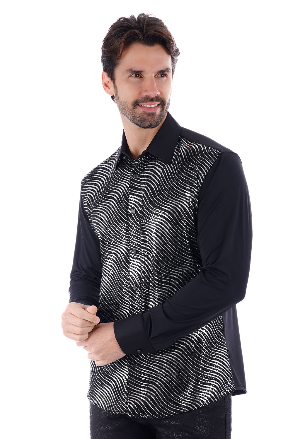 BARABAS Men's Polka Dot Linear Geometric Long Sleeve Shirt 4B43 Black