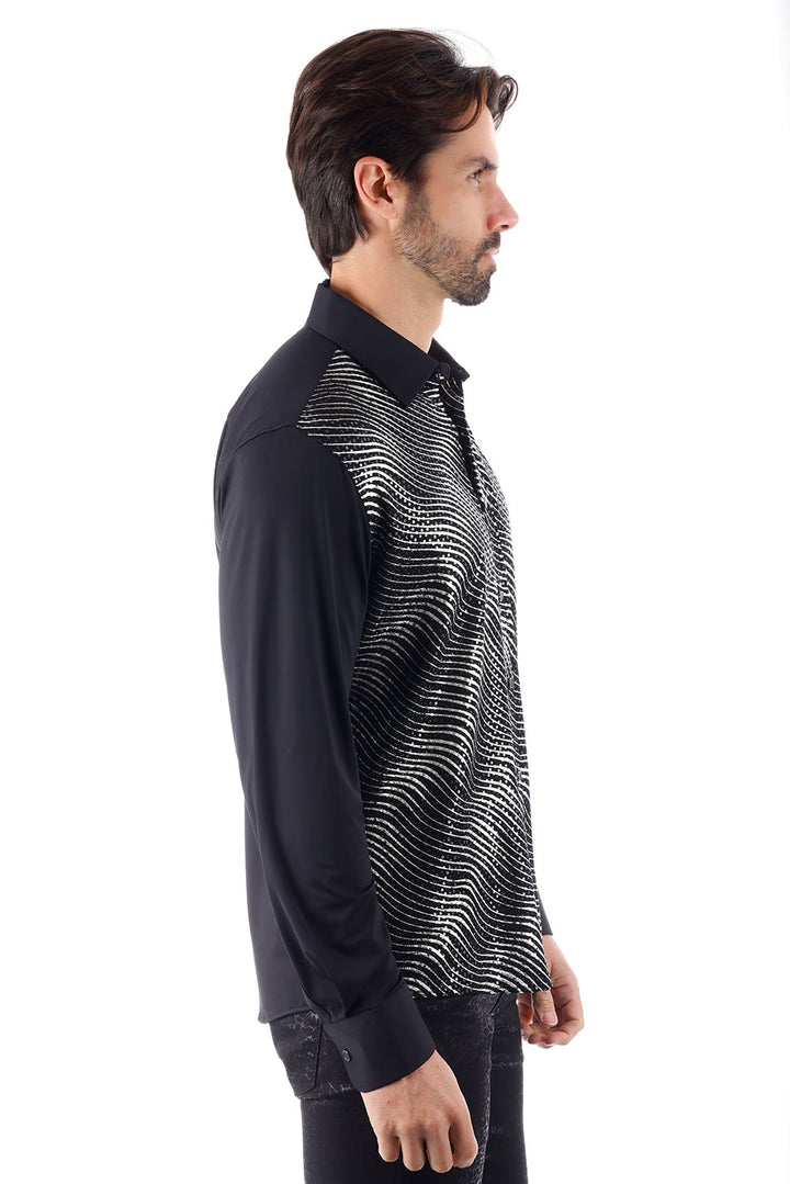 BARABAS Men's Polka Dot Linear Geometric Long Sleeve Shirt 4B43 Black Silver