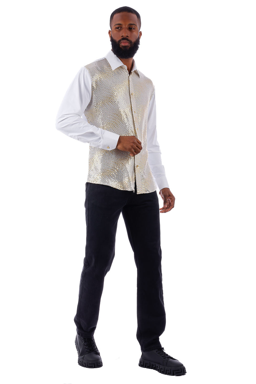 BARABAS Men's Polka Dot Linear Geometric Long Sleeve Shirt 4B43 White Gold