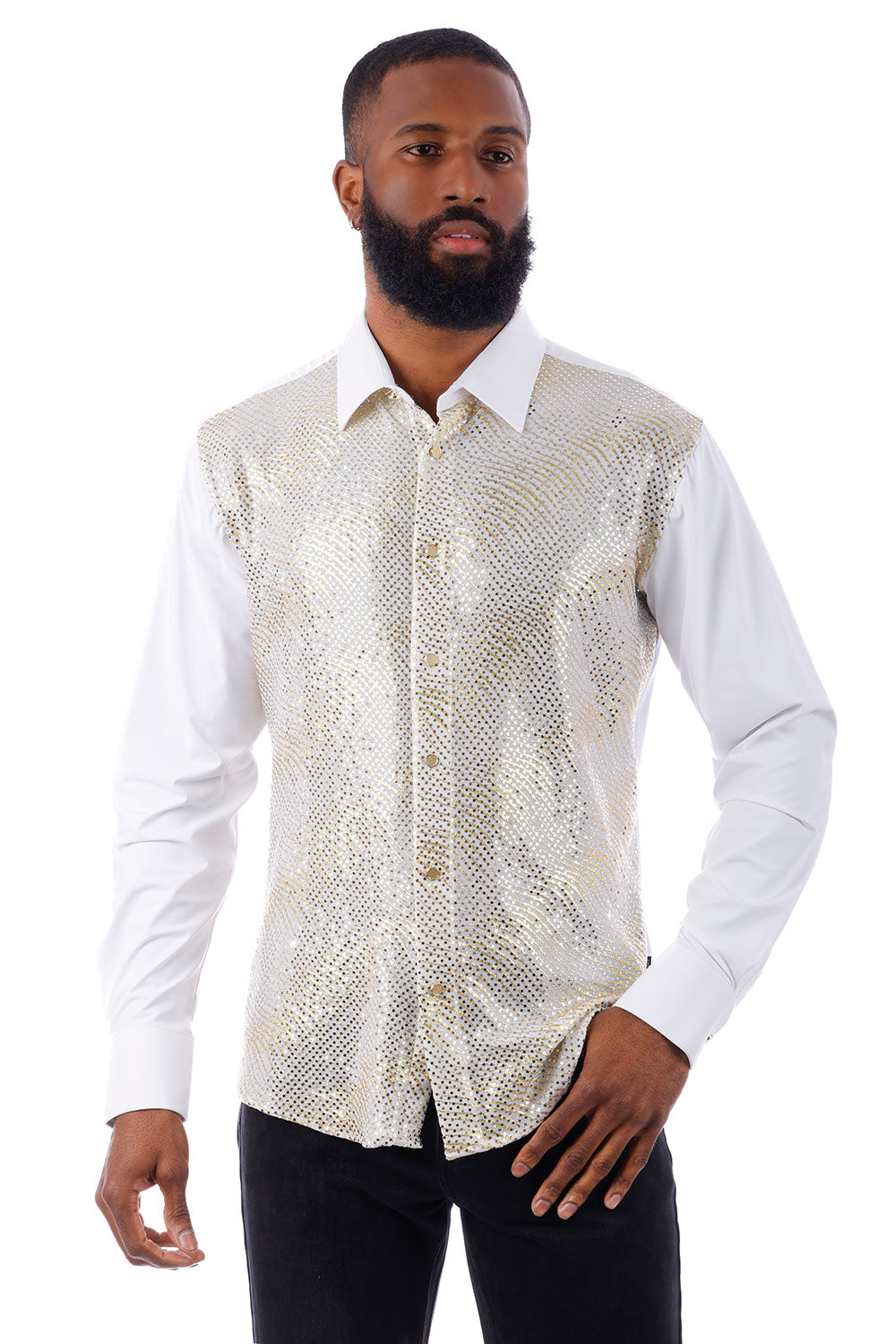 BARABAS Men's Polka Dot Linear Geometric Long Sleeve Shirt 4B43 White