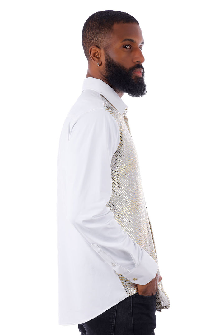BARABAS Men's Polka Dot Linear Geometric Long Sleeve Shirt 4B43 White Gold