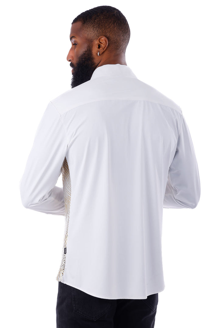 BARABAS Men's Polka Dot Linear Geometric Long Sleeve Shirt 4B43 White