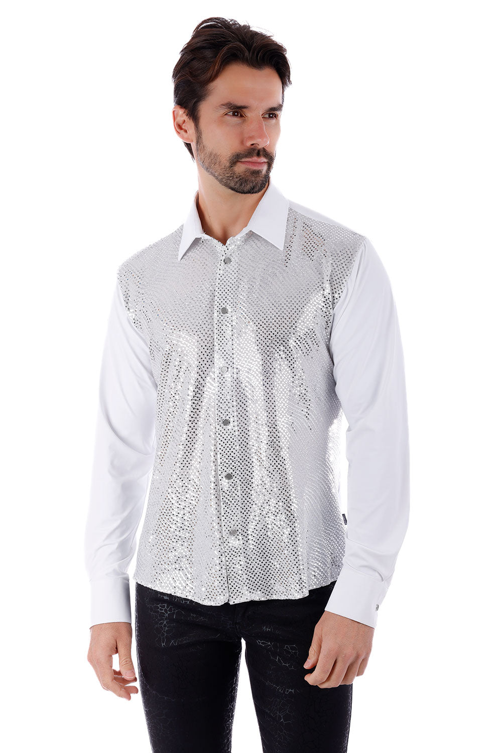 BARABAS Men's Polka Dot Linear Geometric Long Sleeve Shirt 4B43 White