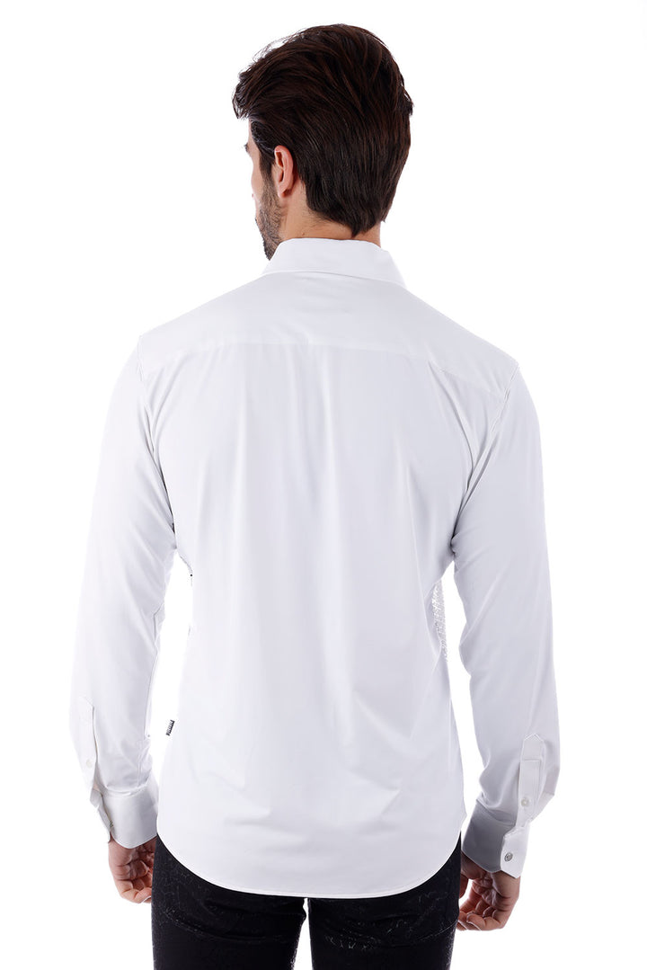 BARABAS Men's Polka Dot Linear Geometric Long Sleeve Shirt 4B43 White