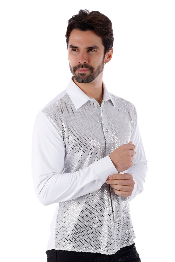 BARABAS Men's Polka Dot Linear Geometric Long Sleeve Shirt 4B43 White Silver