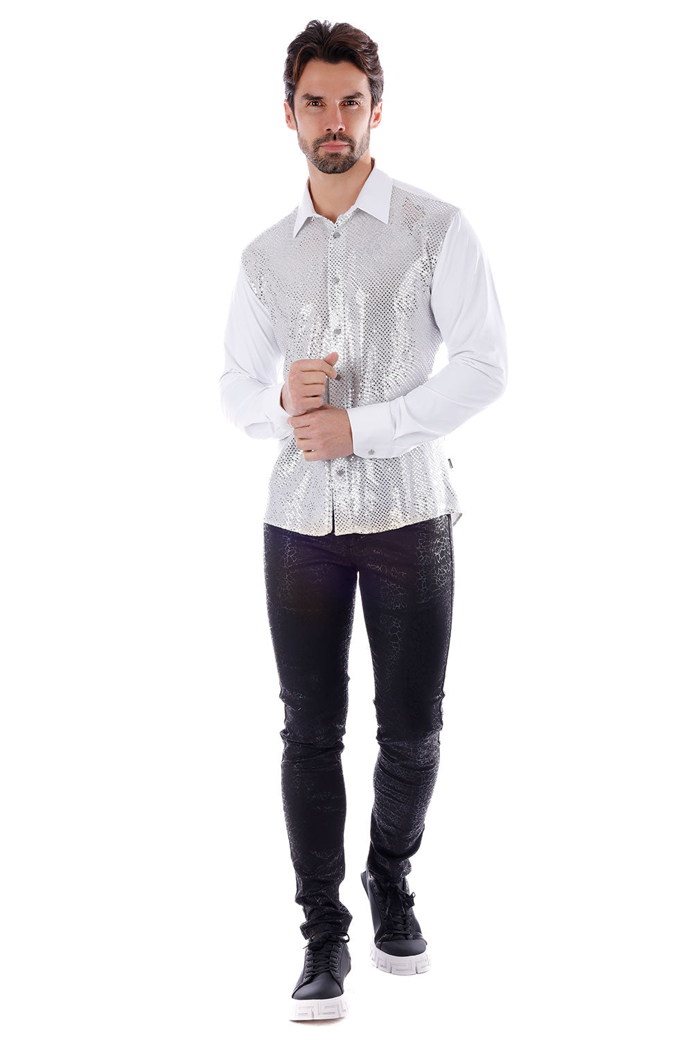 BARABAS Men's Polka Dot Linear Geometric Long Sleeve Shirt 4B43 White Silver